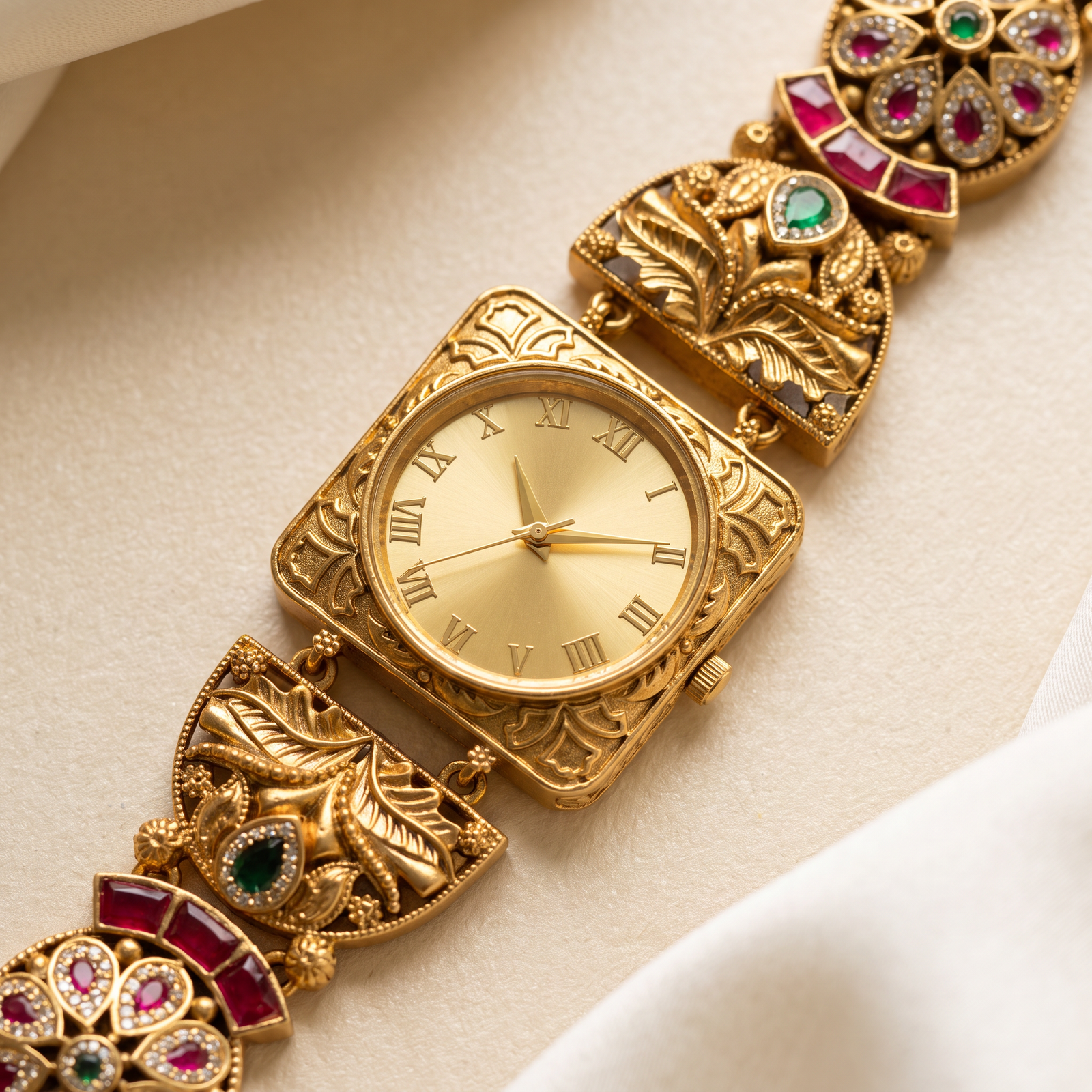 Kundan Bracelet Watch for Women - Gold Dial