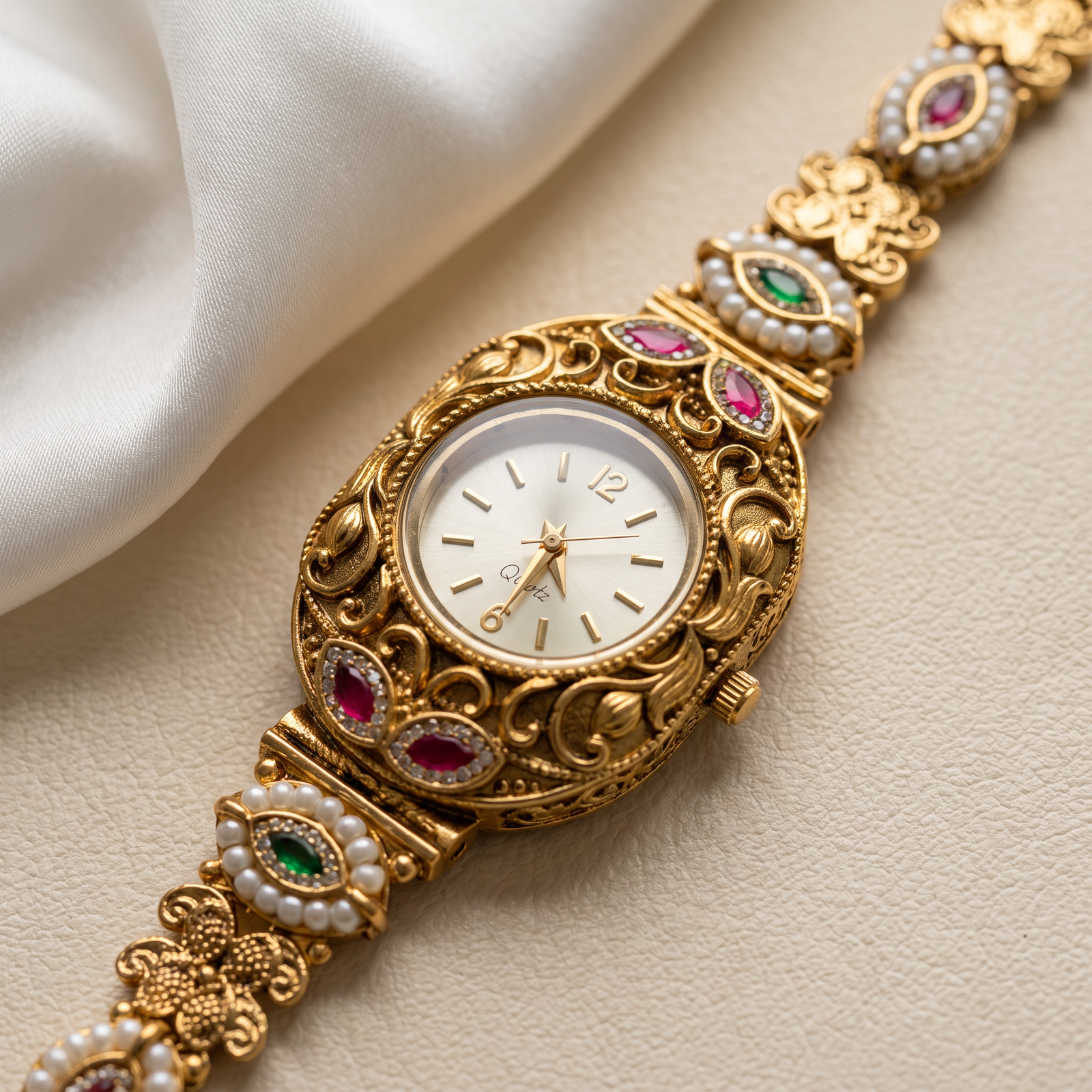 Pearl & Stone Bracelet Watch for Women - White Dial