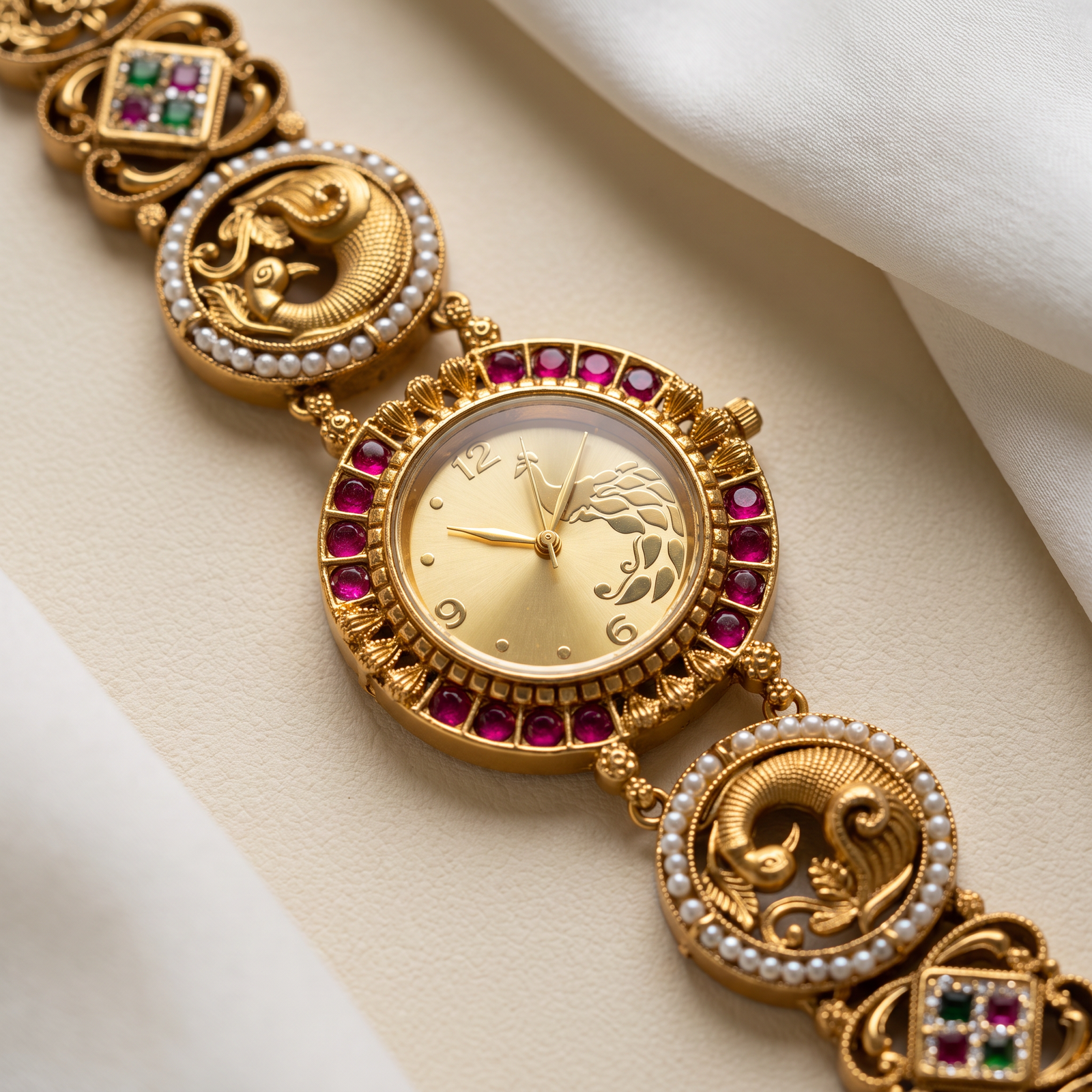 Pearl & Stone Bracelet Watch for Women - Gold Dial