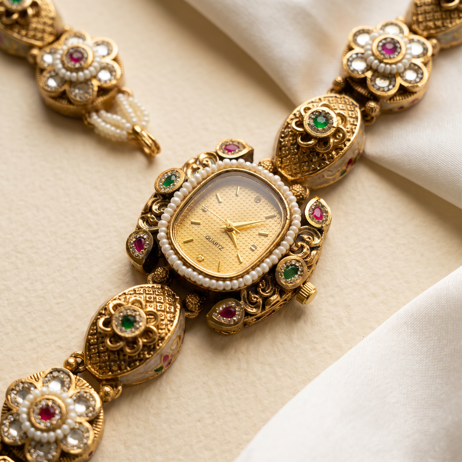 Kundan Bracelet Watch for Women - Gold Dial